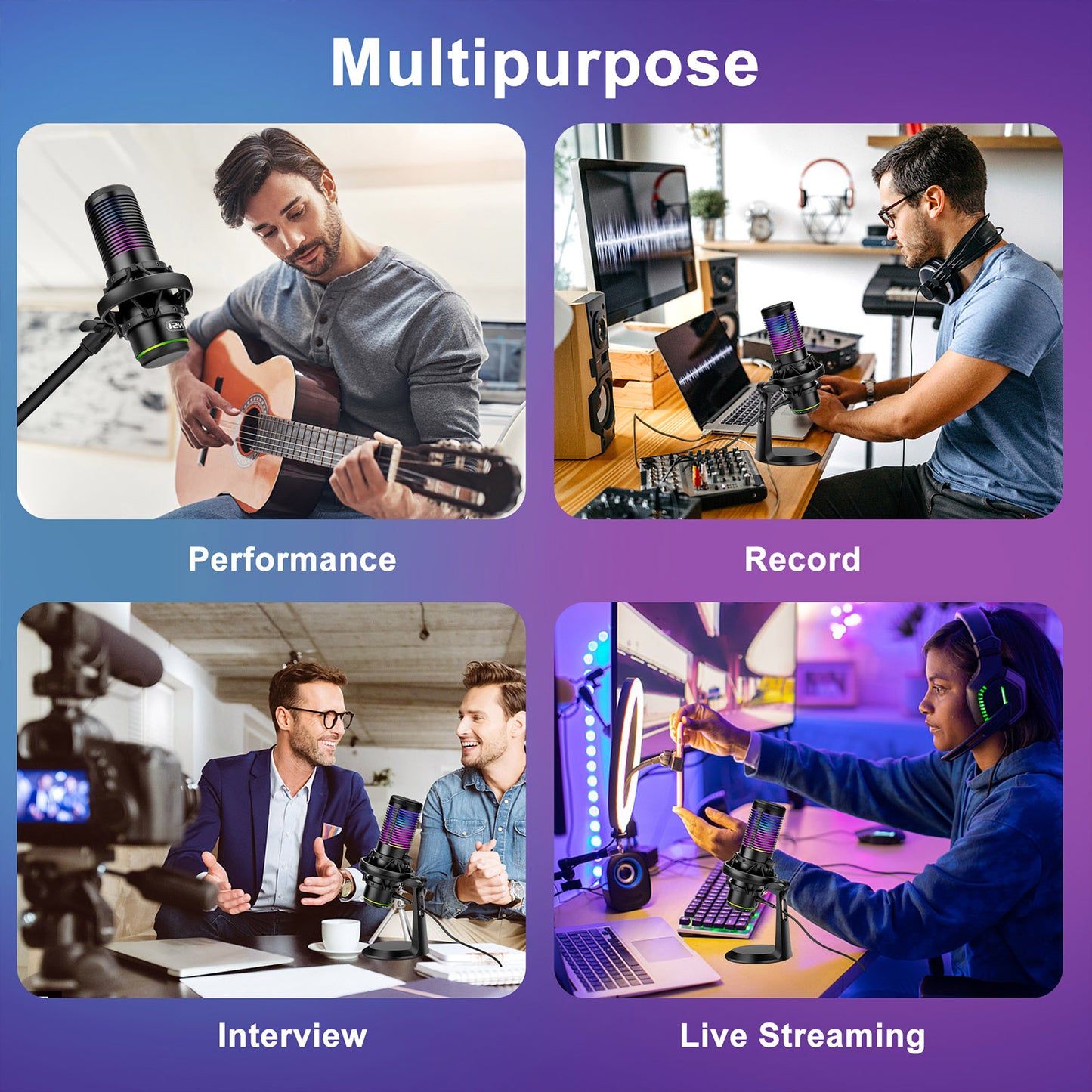 Professional RGB USB Condenser Gaming Microphone - High-quality condenser microphone W/Touch-sensitive light switch with various lighting modes