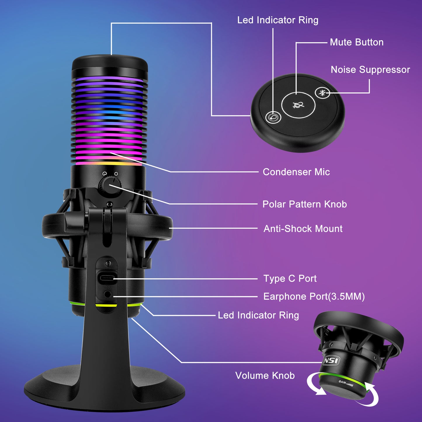 Professional RGB USB Condenser Gaming Microphone - High-quality condenser microphone W/Touch-sensitive light switch with various lighting modes