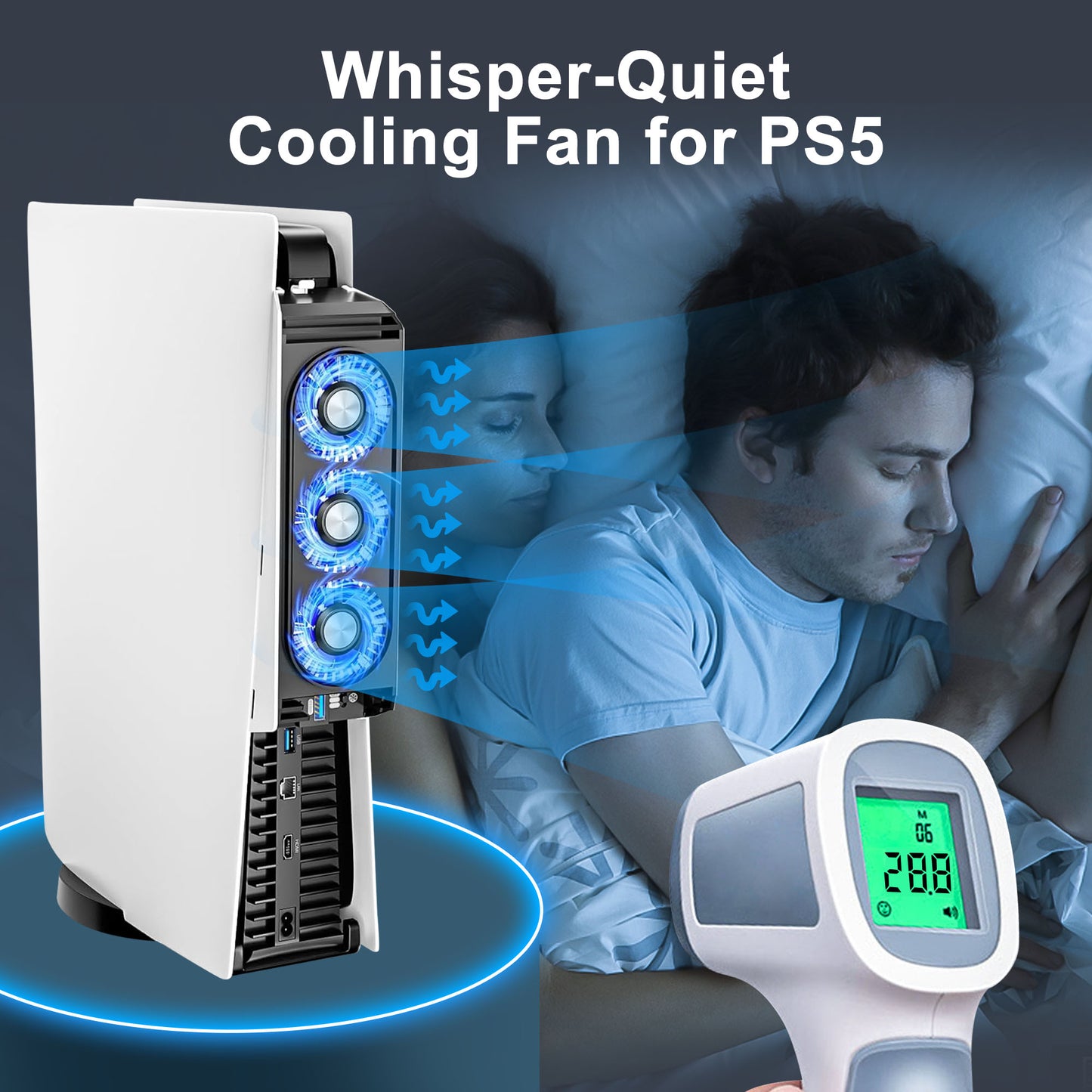 PS5 Cooling Fan - with LED Light,Quiet and Efficient Cooling System for PS5 Cooler,2 Fan Speeds,3 Small Fans,USB 3.0 Port Compatible with PlayStation 5 Digital & Discs Edition