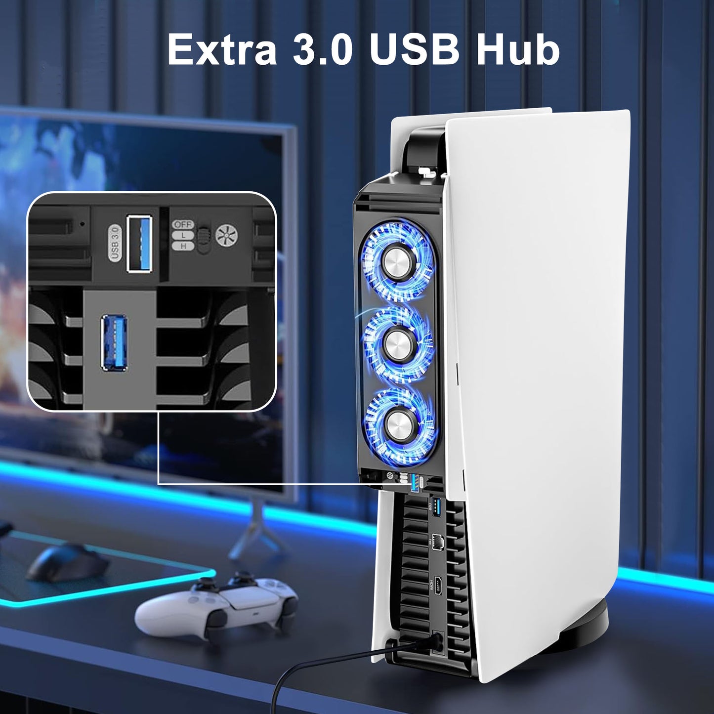 PS5 Cooling Fan - with LED Light,Quiet and Efficient Cooling System for PS5 Cooler,2 Fan Speeds,3 Small Fans,USB 3.0 Port Compatible with PlayStation 5 Digital & Discs Edition