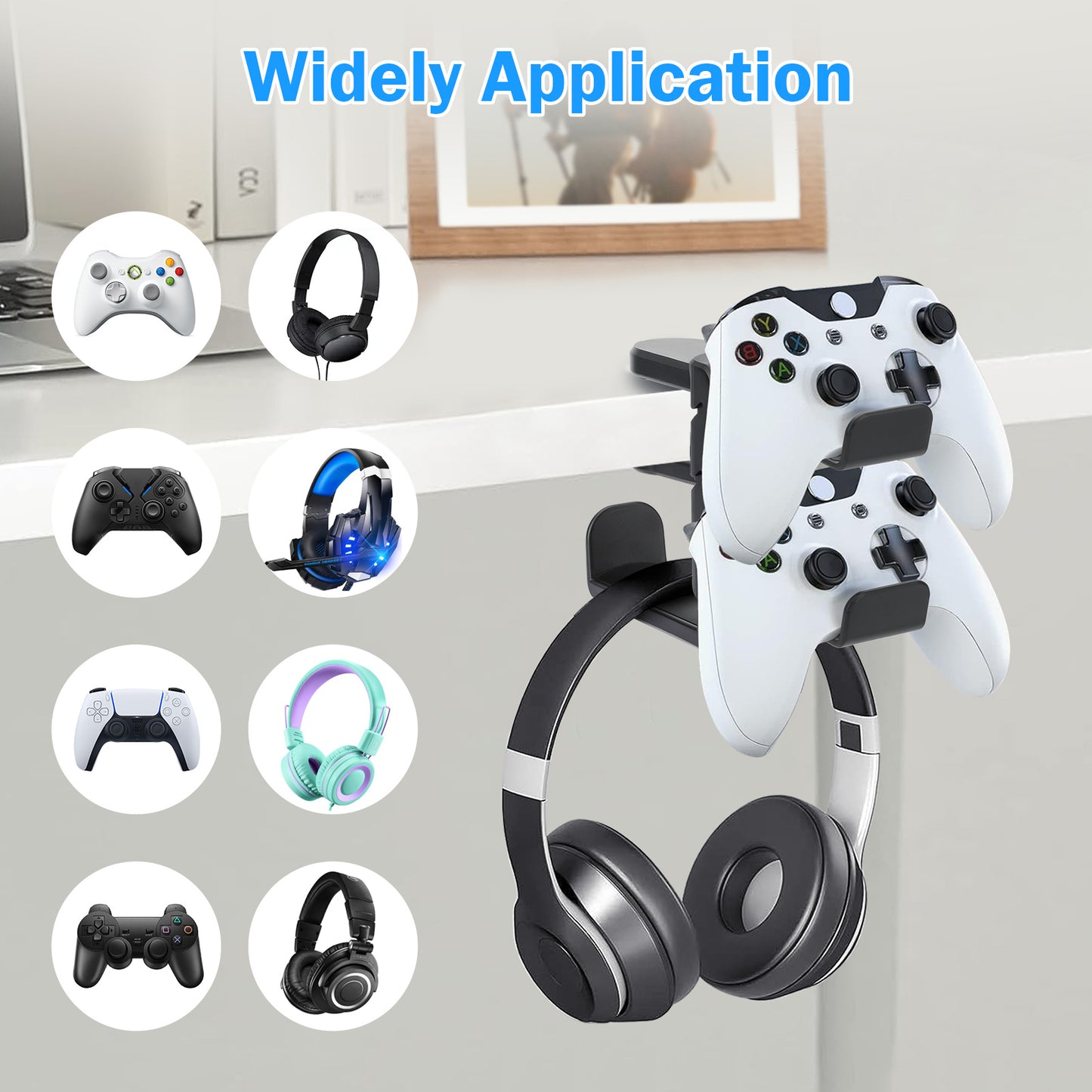 3-In-1 360° Rotating Headphone & Controller Stand Holder - Headphones Hanger Adjustable & Rotating Arm Clamp,Headphone Stand Under Desk, Universal Headset Controllers Hook With Cable Organizer (Black)