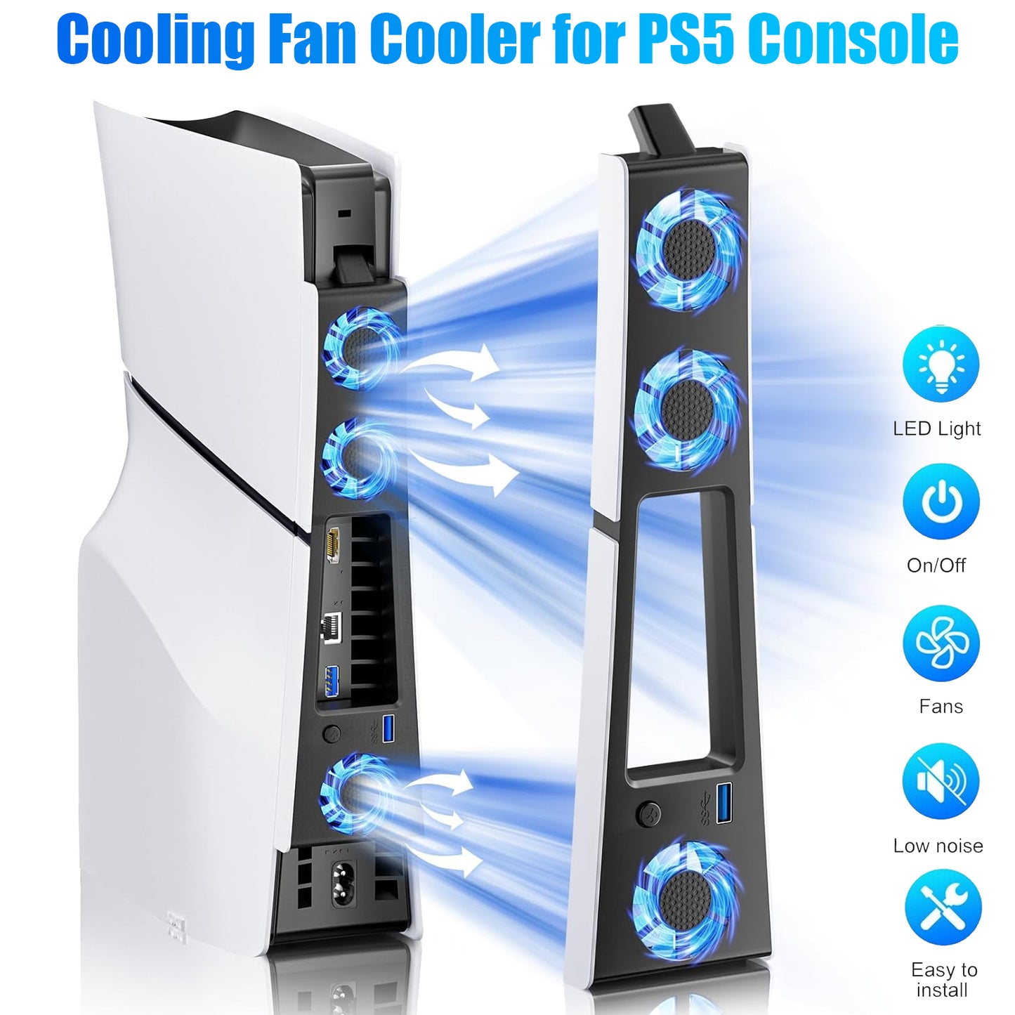 PS5 Slim External Cooling Fan Holder with LED Light - Adjustable Fan Speed Horizontal Cooler System, USB Hub for PS5 Slim Disc/ Digital