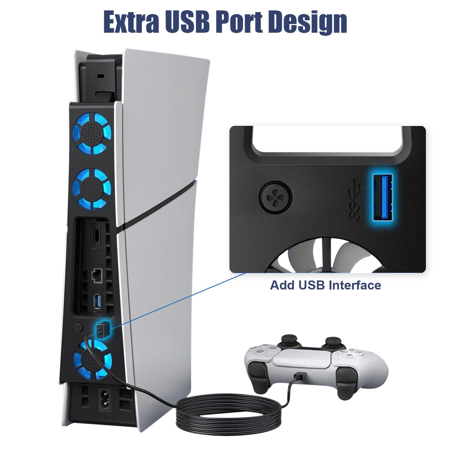 PS5 Slim External Cooling Fan Holder with LED Light - Adjustable Fan Speed Horizontal Cooler System, USB Hub for PS5 Slim Disc/ Digital