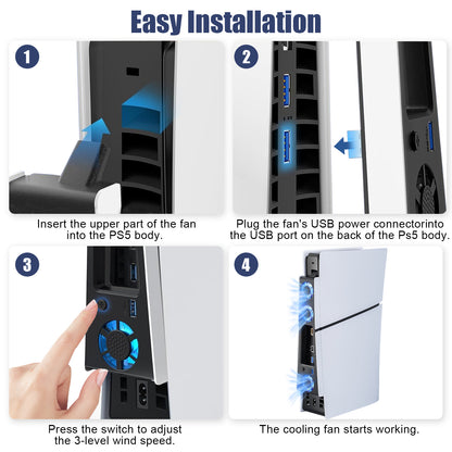 PS5 Slim External Cooling Fan Holder with LED Light - Adjustable Fan Speed Horizontal Cooler System, USB Hub for PS5 Slim Disc/ Digital