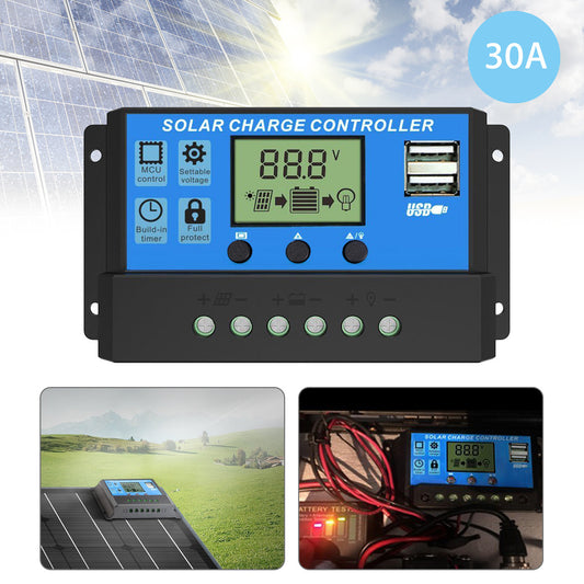 Solar Charge Controller, Dual USB Port Solar Panel Battery Intelligent Regulator, Multi-Function Adjustable LCD Display Street Light Controller, 30A