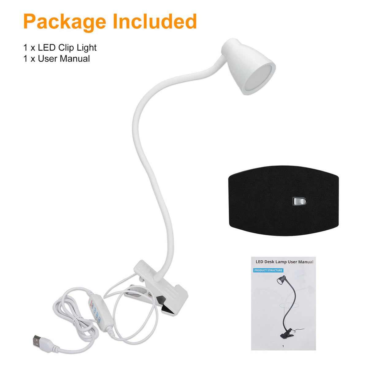 Clamp Lamp Reading Light 3000-6500K Adjustable Color Temperature 6 Brightness Dimmer 3W 10 LED Beads, Desk Lamp 360° Flexible Gooseneck Clip on Light for Bed, AC Adapter and USB Cord Included, White