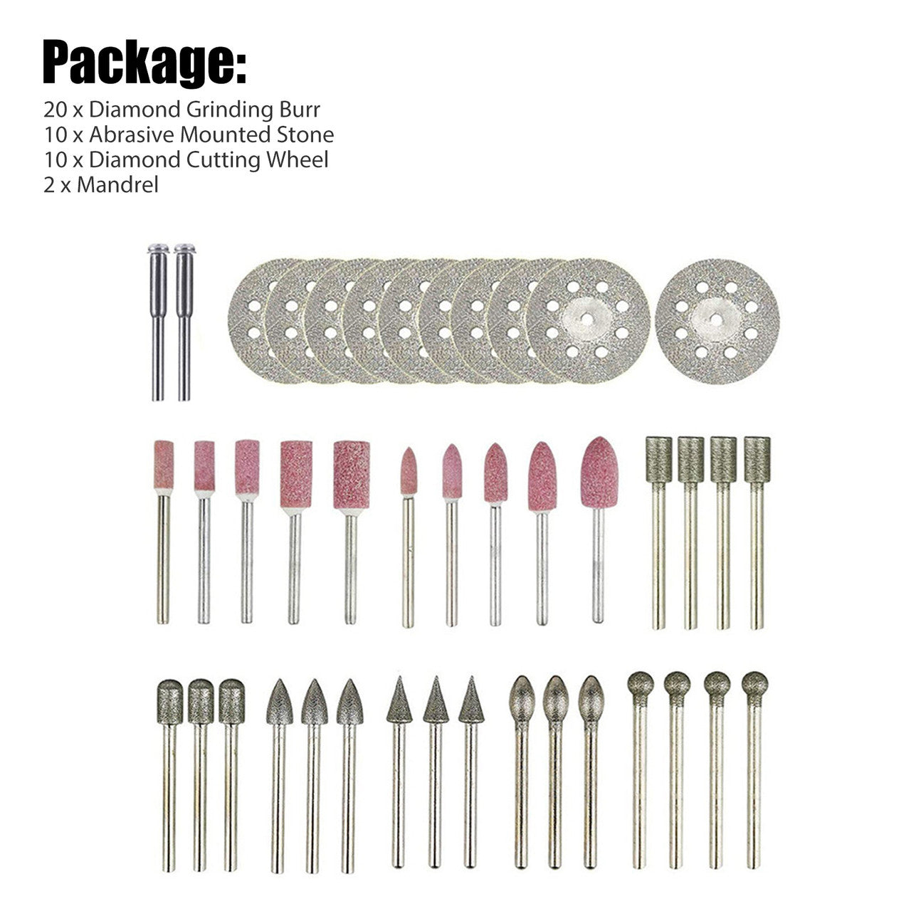 Rotary Grinding Bit Set, 10PCS Diamond Cutting Wheel (22mm) + 20pcs Diamond Grinding Burr Drill Bits Sets + 10PCS Abrasive Mounted Stone Grinding Wheels + 2PCS Mandrel Bits (3mm Mandrel), 42PCS