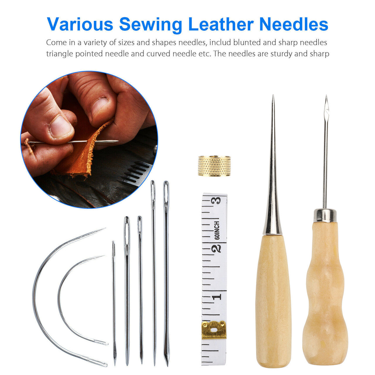 Leather Craft Tools, DIY Stitching Sewing Hand Tool, Upholstery Repair Kit with 7 Needles, 3 Color Threads, Drilling Awl for Stitching Punching Cutting Sewing Leather Craft Making, 24Pcs