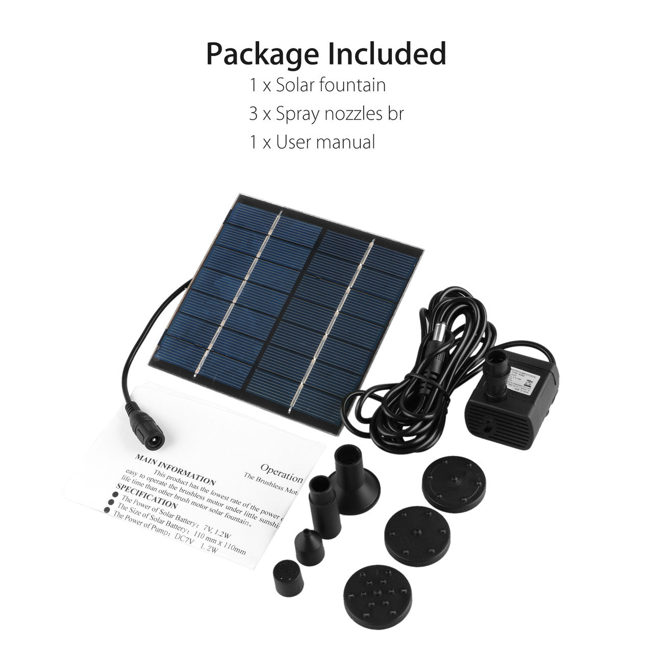 1.2W Solar Fountain Free Standing Floating with 4 Sprinkler Heads for Different Water Flows(9.9FT Cord)