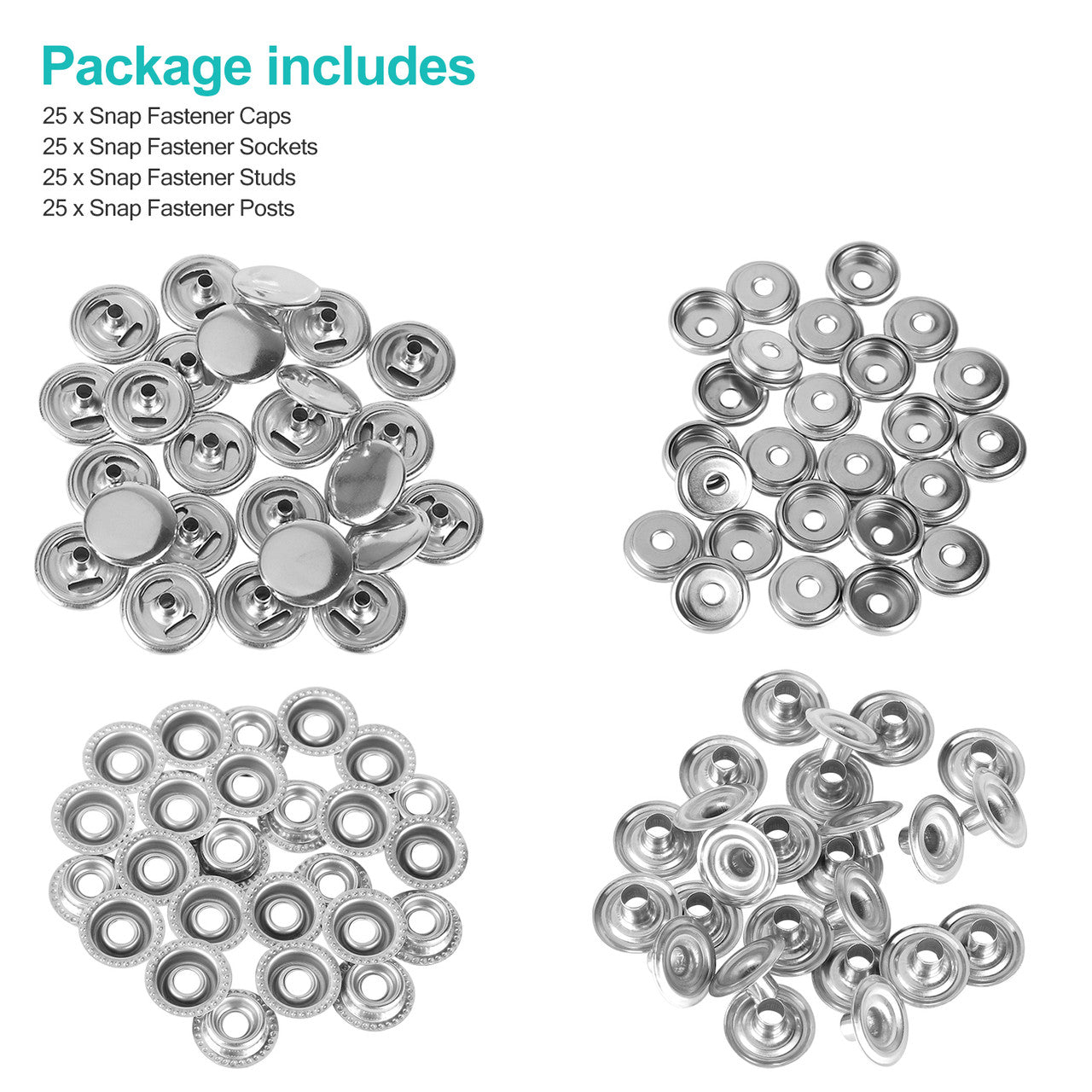 Stainless Steel Fastener Set Cap Diameter 15mm, Snap Press Stud Cap Button Kit for Marine Boat Canvas Jackets Bags Leather Craft Sewing (4 Components, 25 Pcs for Each), 100Pcs