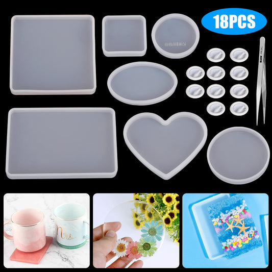 18Pcs Silicone Resin Mold, DIY Coaster Silicone Mold, Epoxy Resin Casting Molds Include Round Square Rectangular Ellipse Heart Shaped Coaster Resin Mold with Tweezer and Finger Cots for Home Decor