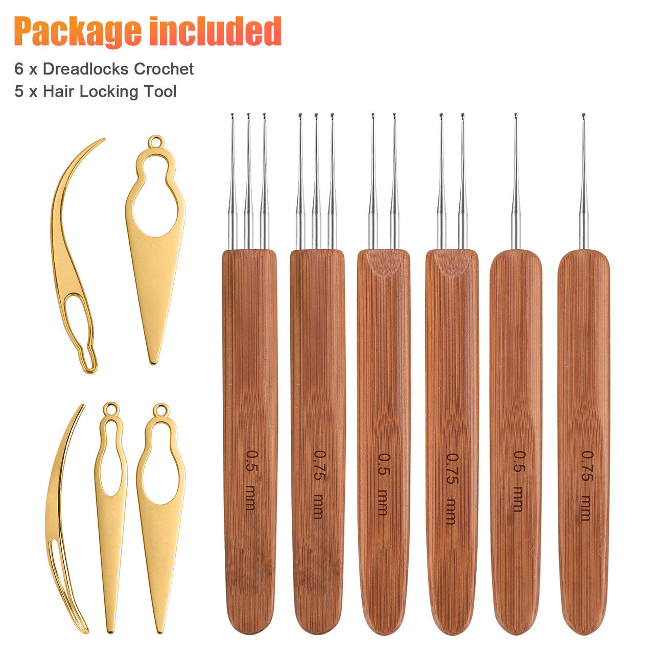 11 Pieces Dreadlock Crochet Hook Set, 6pcs Braid Hair Dreadlock Needle Weaving Crochet with Bamboo Handle and 5pcs Hair Interlocking Tool, Straight and Curved Hair Locking, for Making Braid Craft
