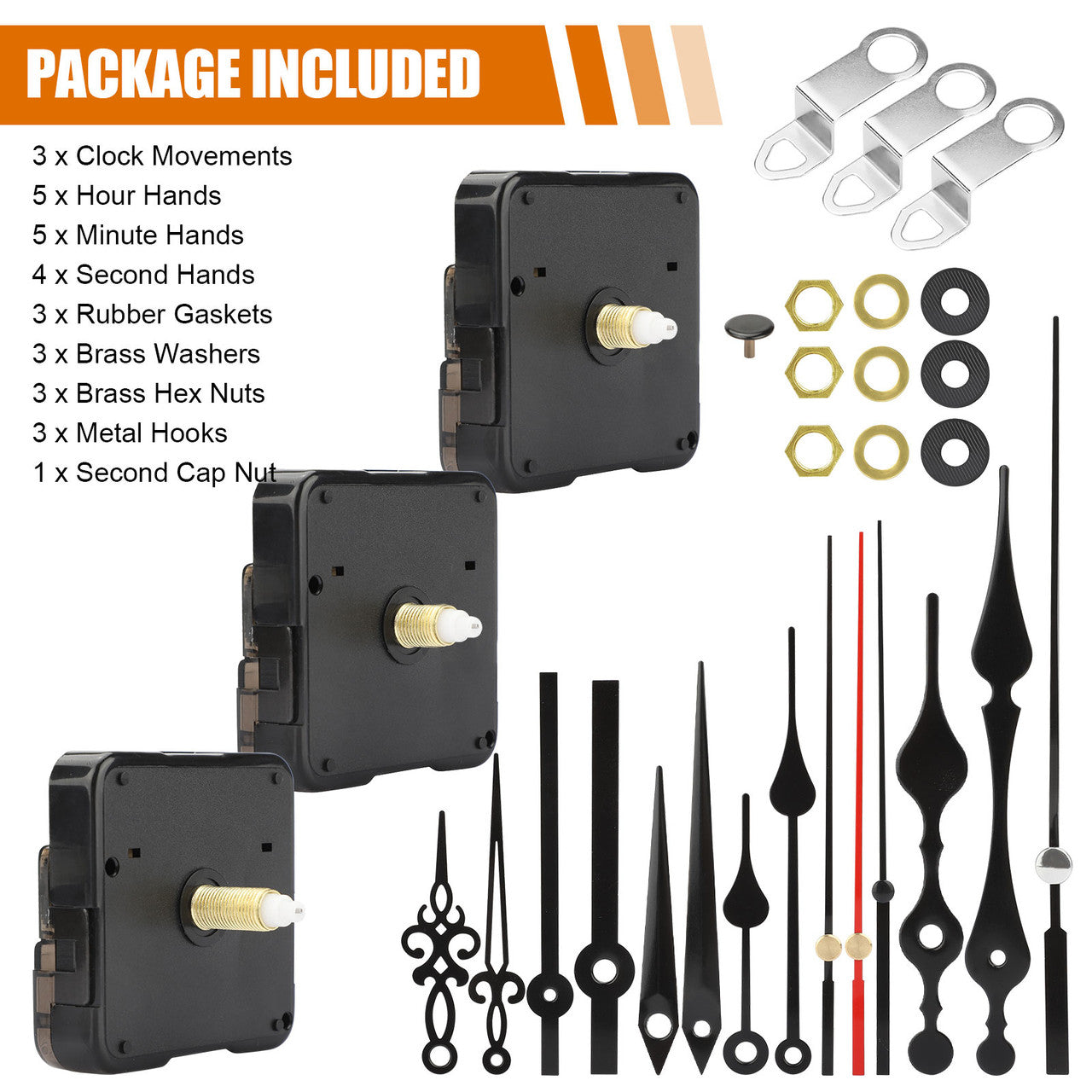 3Pcs High Torque Clock Movement Mechanism, Quartz Clock Motor Kit with 5 Different Pairs of Hands, Clock Repair Parts Replacement DIY Accessories, Long Medium Short 3 Sizes Host Fit Most Clocks