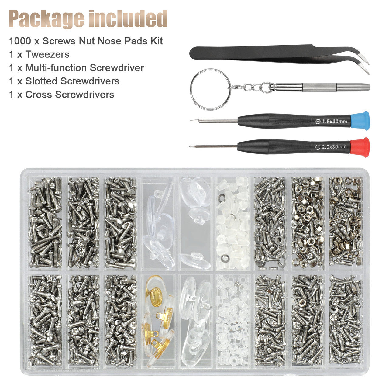 1004 pcs Eyeglass Sunglass Repair Kit, 1000 pcs Precision Glasses Screws Nut Nose Pads Tool Set, 1pcs Tweezer, 3pcs Screwdrivers Stainless Steel Screws, for Spectacles Watch Clock