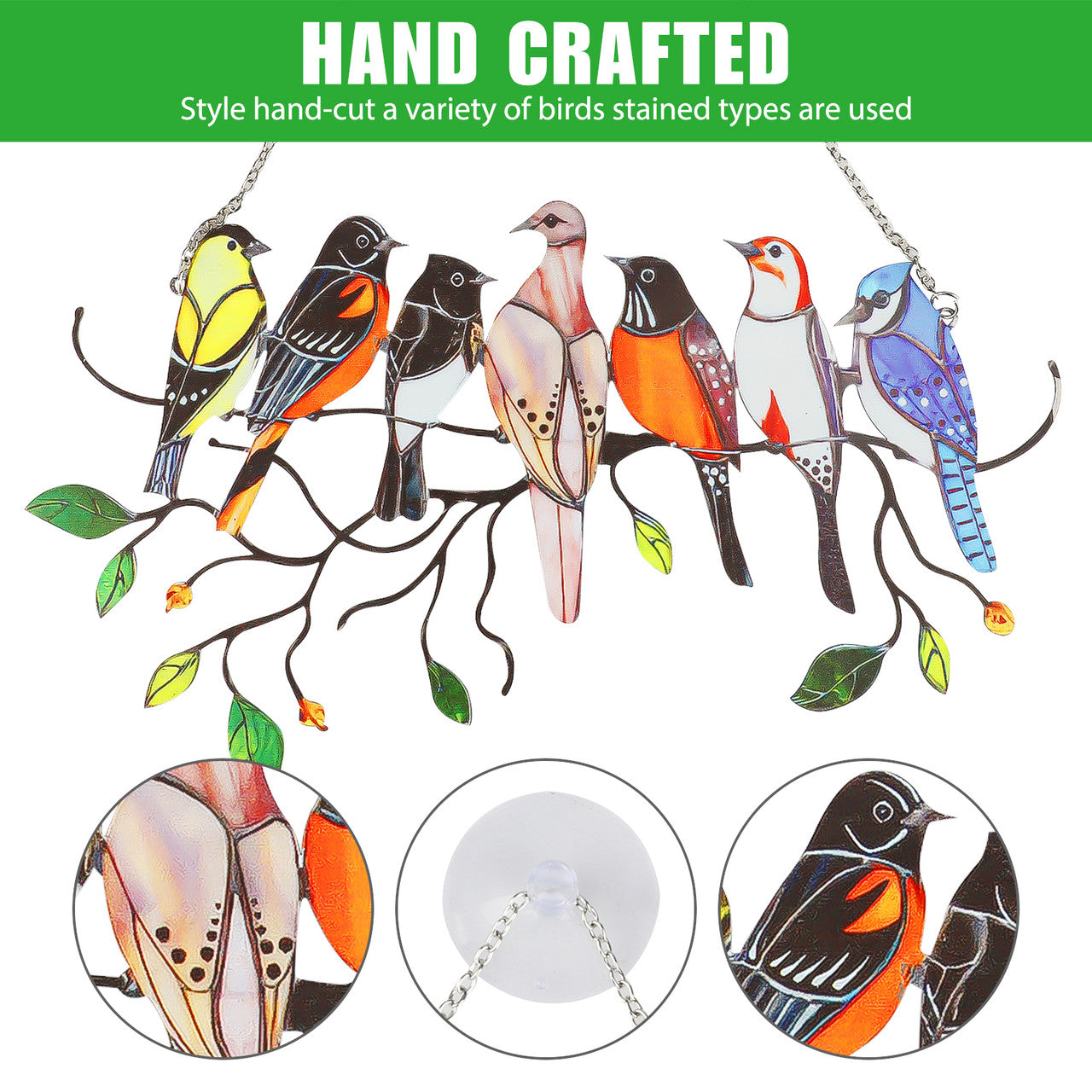 Multicolor Detailed Birds Stained Glass Window Hanging Decorations