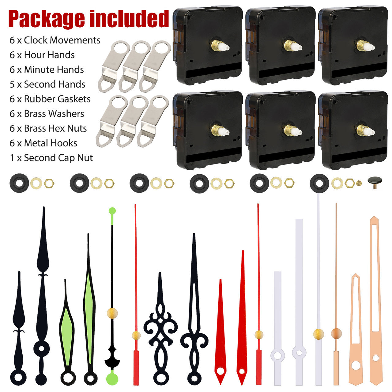 6 Pair Hands Quartz Clock Mechanism, Battery Operated Wall Clock Movement Kit for DIY Replacement