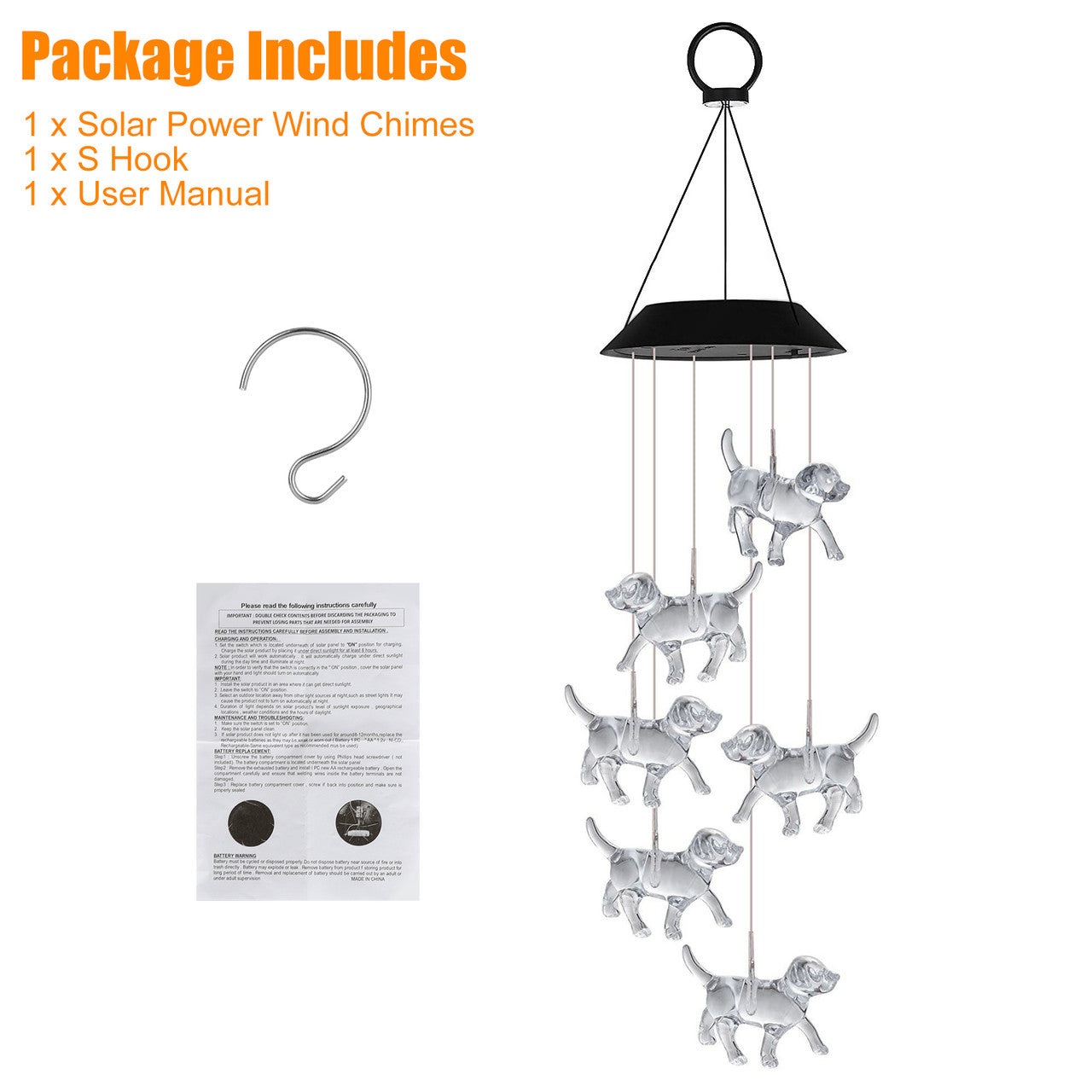 Crystal Dog Solar Powered Waterproof Color Changing LED Wind Chimes for Home, Garden