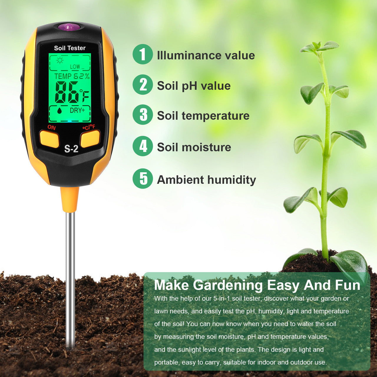 5-in-1 Soil Tester Moisture for Outdoor Gardening and Work with a LED Crystal Display