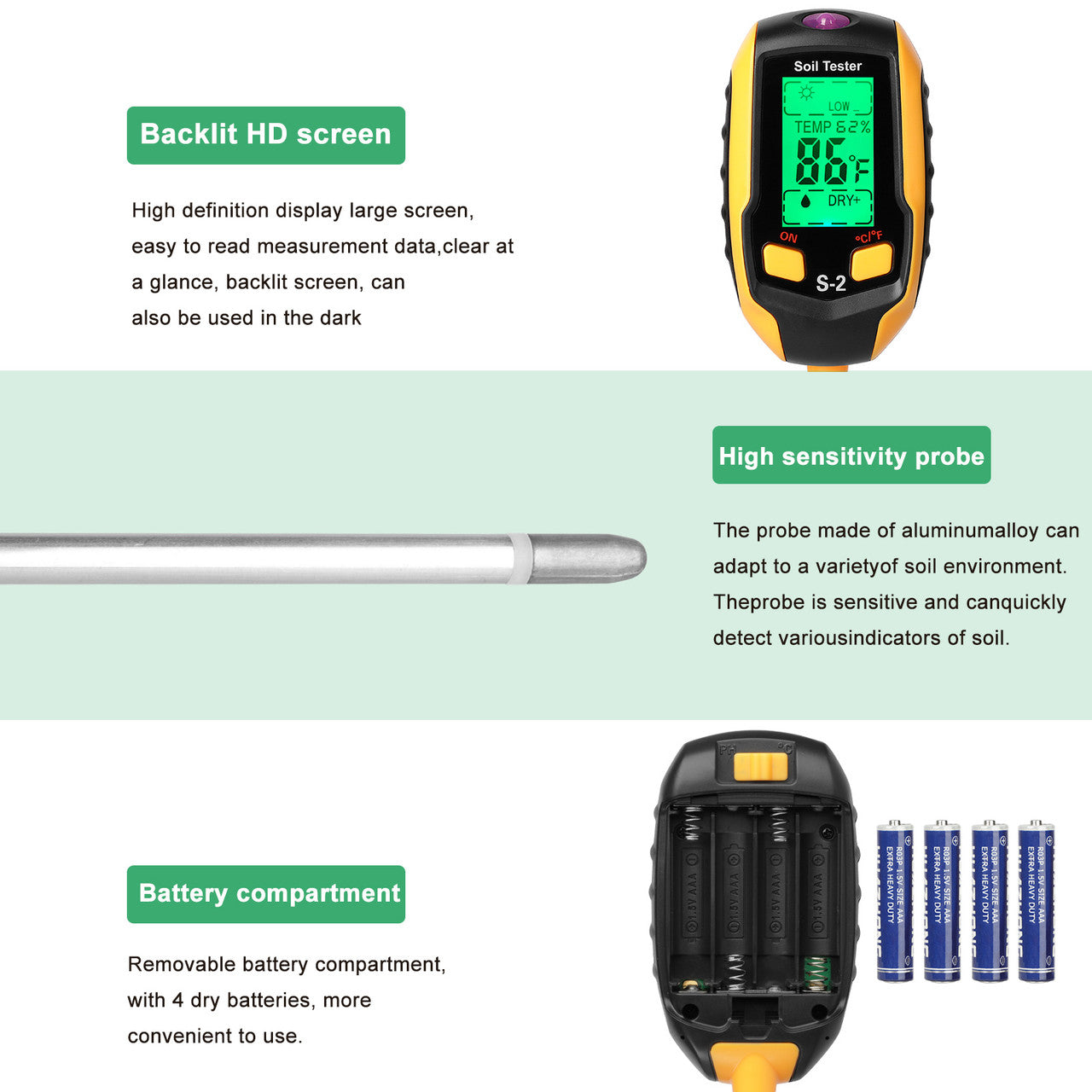 5-in-1 Soil Tester Moisture for Outdoor Gardening and Work with a LED Crystal Display