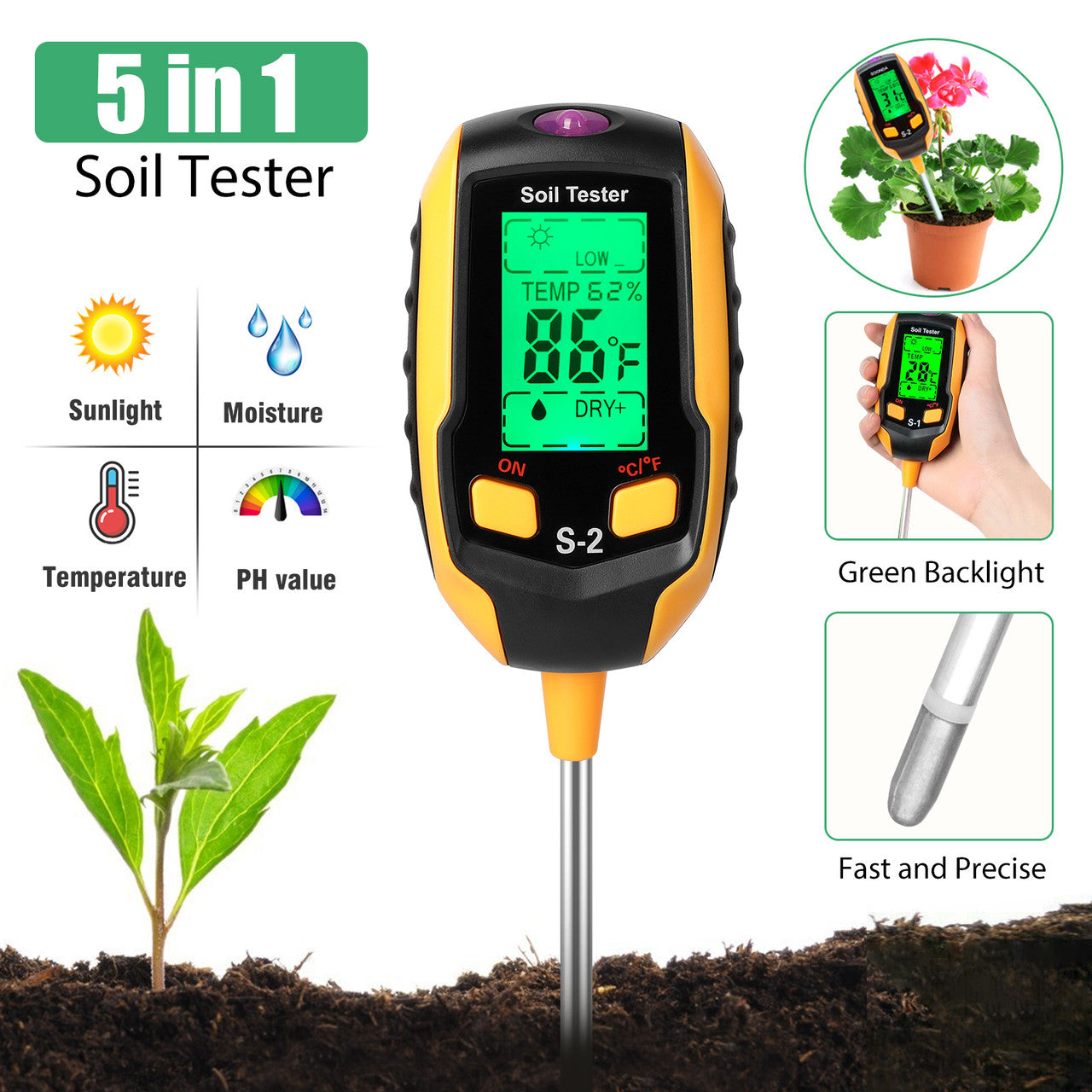 5-in-1 Soil Tester Moisture for Outdoor Gardening and Work with a LED Crystal Display