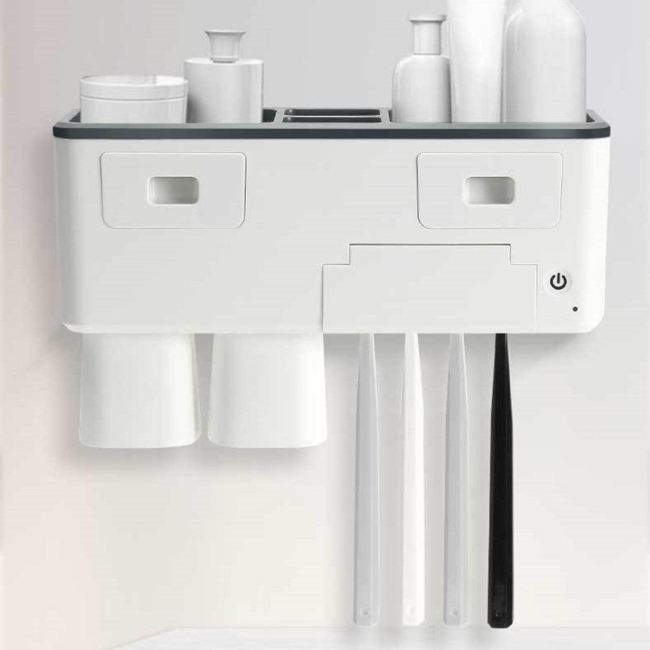 Multifunctional Wall Mounted Toothbrush Holder, with Magnetic Cups and Cosmetic Drawers Organizers