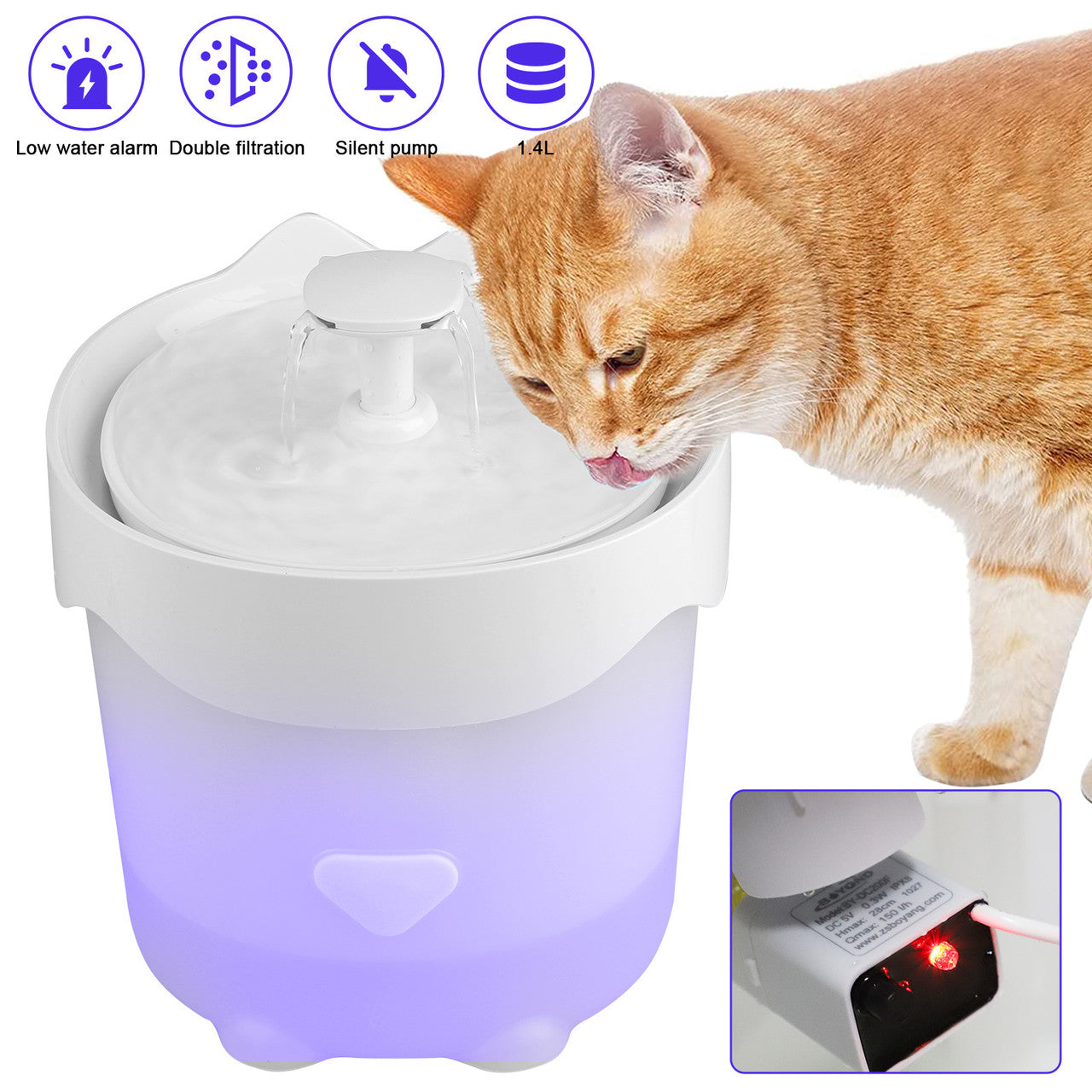 Smart Dog Water Bowl Dispenser With 1.4L Container, Filter and LED Indicator, For Kittens Cats Dogs