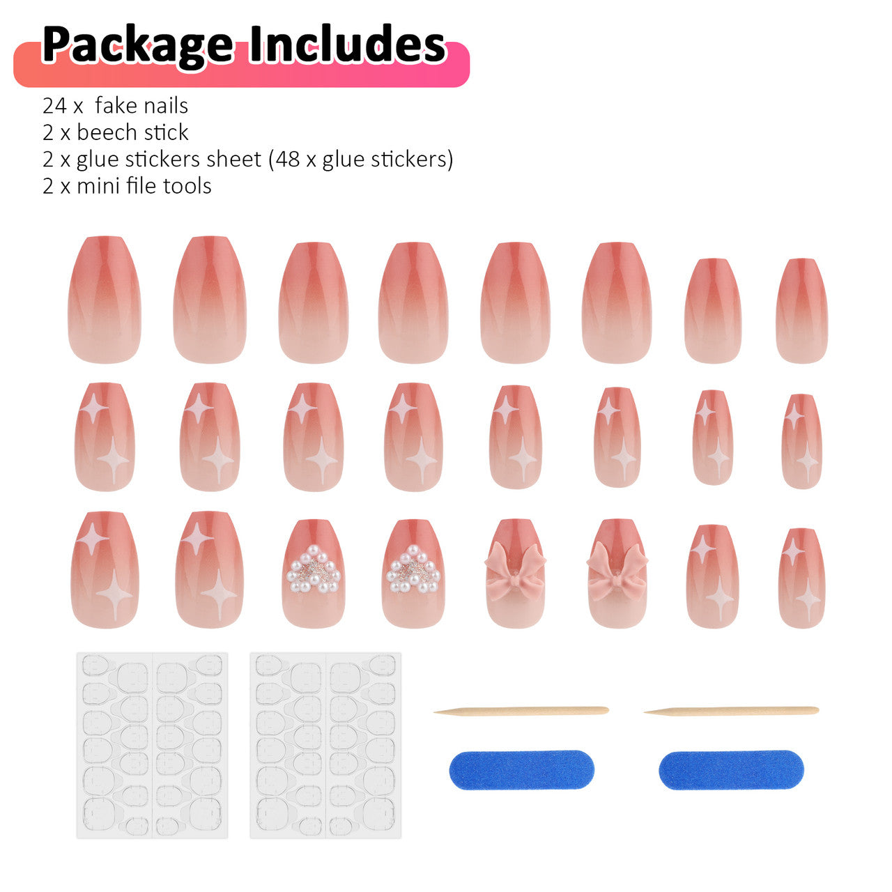 24 Packs Press on Extra Long Fake Nails-Acrylic Ballet French Glossy Glue on Nails False Nails for Women and Girls