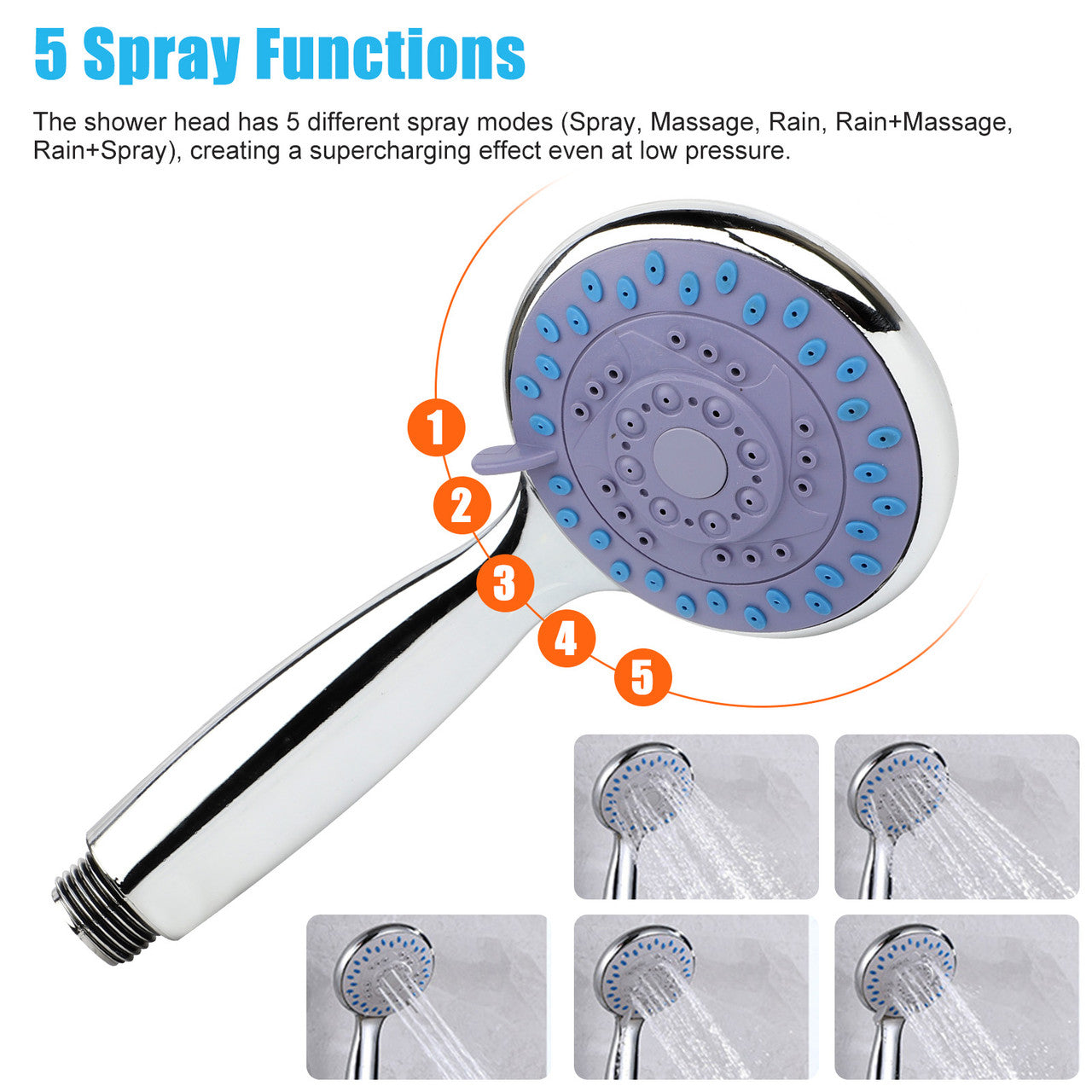 Five Speed Booster Shower Head with 59” Hose - Solid Brass Adjustable Swivel and Stainless Steel 59 Inch Hose, Durable and Long Life, No Rust, No Leaks, 5 Spray Modes, 360 Degree Rotation (Stainless Steel)