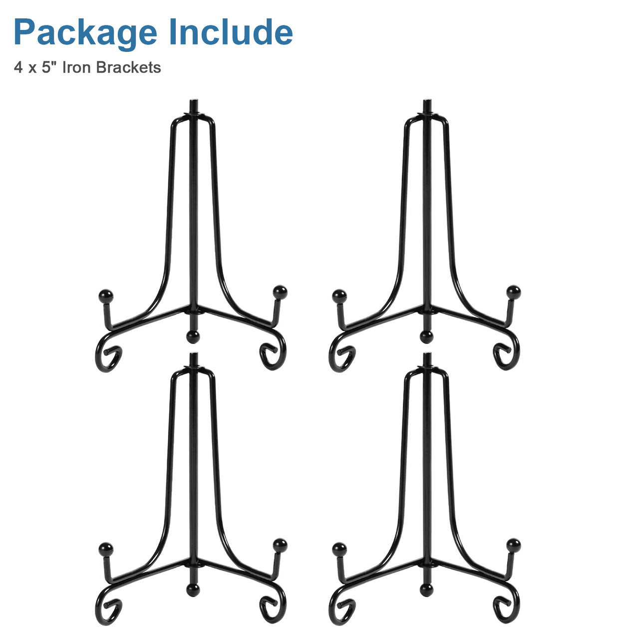 4 Pcs Wrought Iron Plate Holders - 5" Stands for Display, Picture Frame, Decorative Plate, Dish, Book (Black)