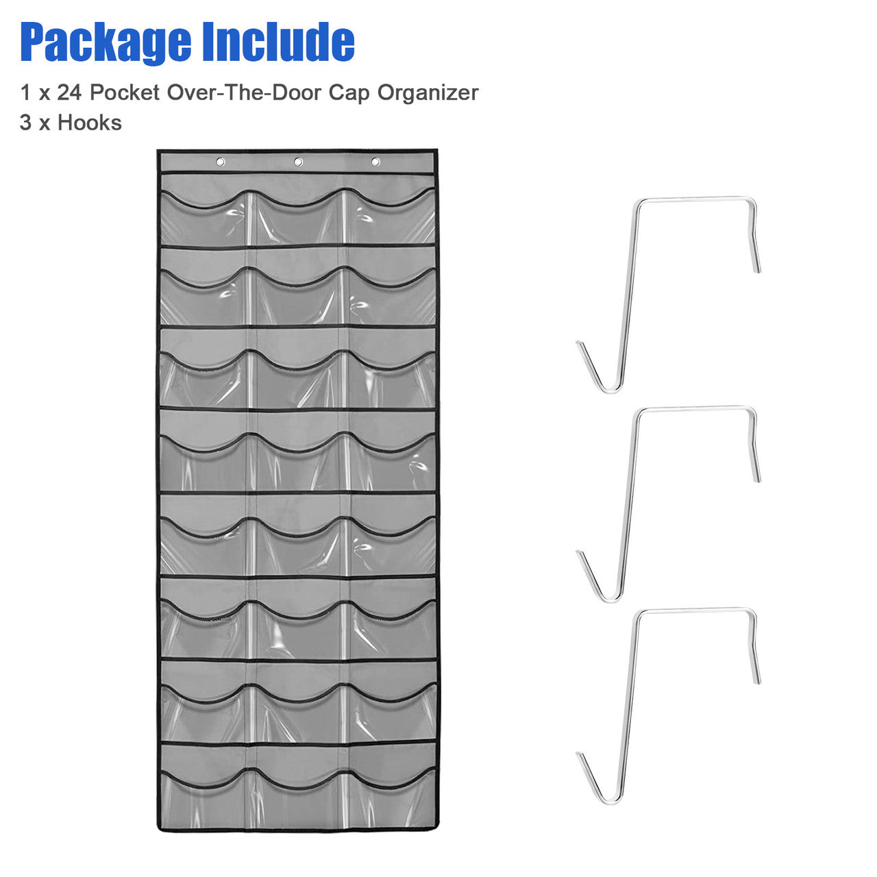 24 Pocks over Door Ball Cap Organizer 62” X 27” X 24” - Clear Pocket Windows Flexible Large Pockets of the Cap Rack (Grey)