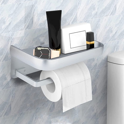Toilet Paper Holder with Phone Shelf - Adhesive or Screw Wall Mounted Toilet Paper Roll Storage, Stainless Steel Bathroom Tissue Roll Holder