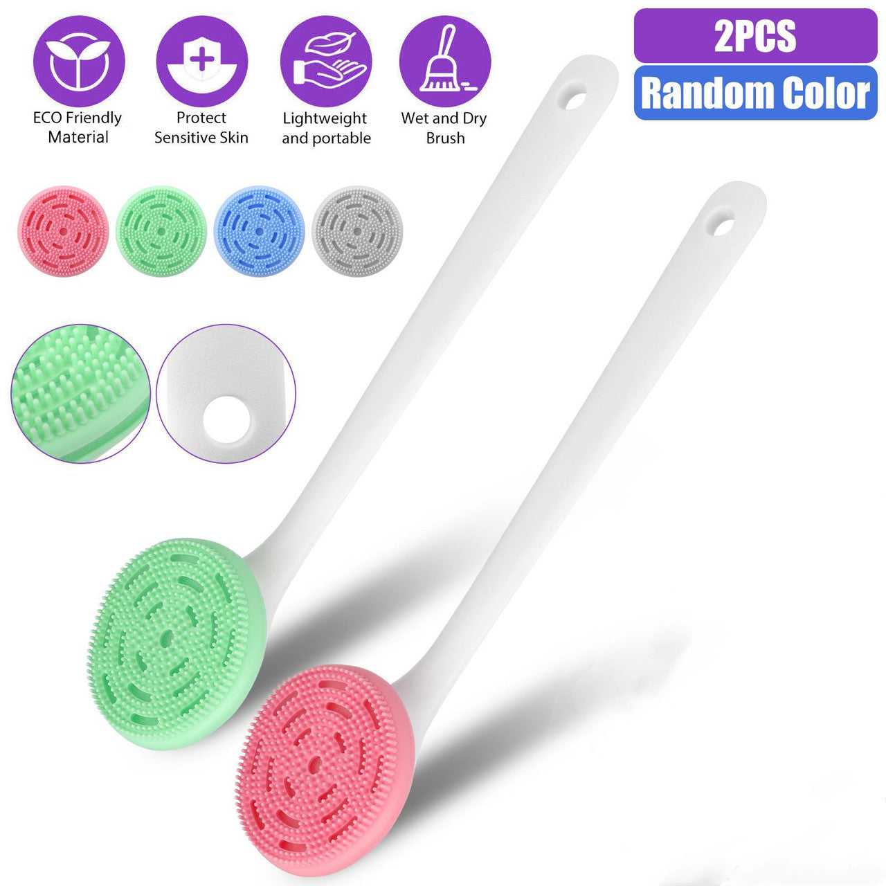 2 Pcs Long Handle Bath Brush - Silicone Back Scrubber for Shower Bath Body Sponge Brush Extra Long Non-Slip Handle (Pink/Green)
