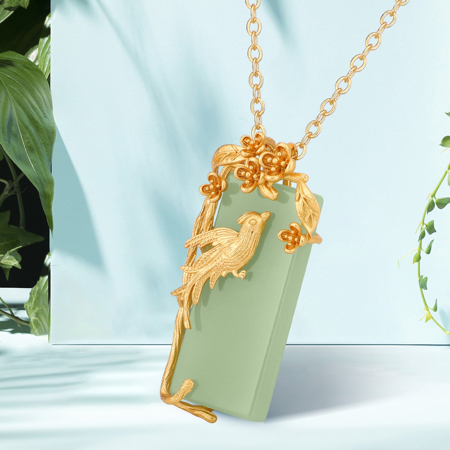 Natural green Phoenix Bird Jade Pendant Yellow Gold Plated Necklace