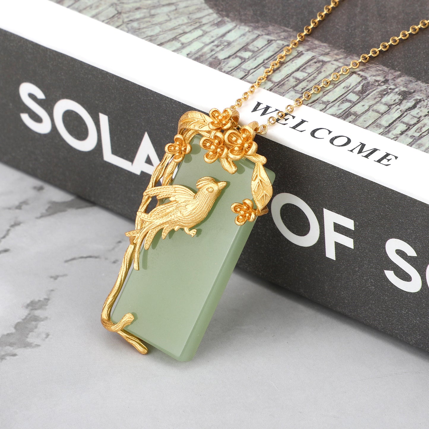Natural green Phoenix Bird Jade Pendant Yellow Gold Plated Necklace