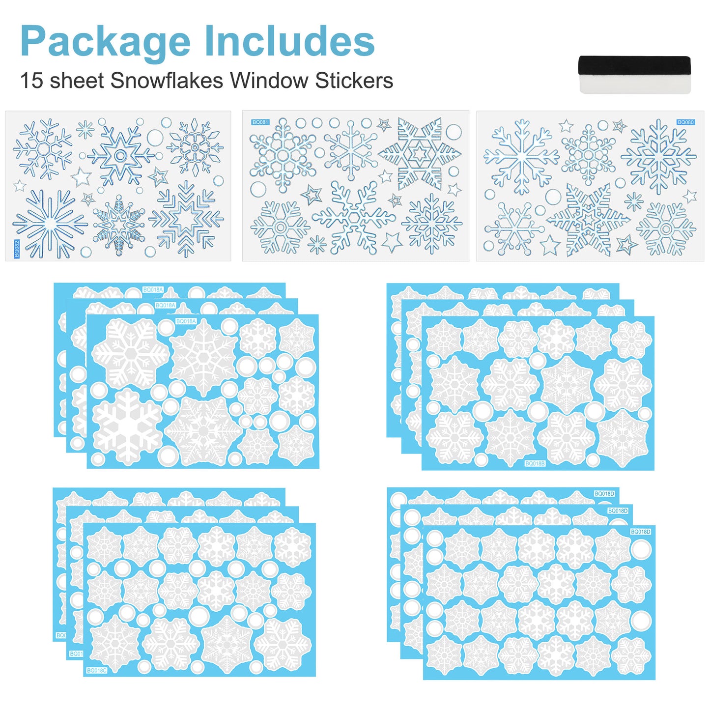 15 sheet Christmas Snowflake Window Stickers, Holiday Snowflake Cling Kids Room Decal for Party Festival