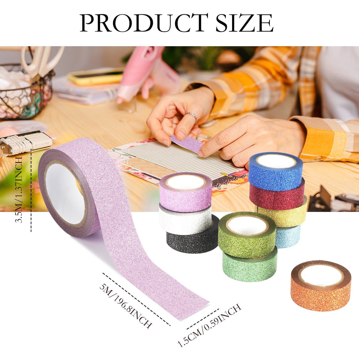 16.4 feet Length 10 Rolls Colored Glitter Decorative Washi Tape - DIY Glitter Washi Tape Masking Tape for Scrapbooking Decoration School Office Supplies