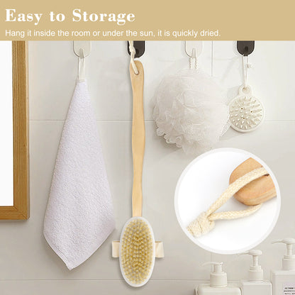 2Pcs Natural Wood Shower Bath Brush - Body Back Brush Bristles SPA Long Handle Scrub Massage Clean Bath Brush
