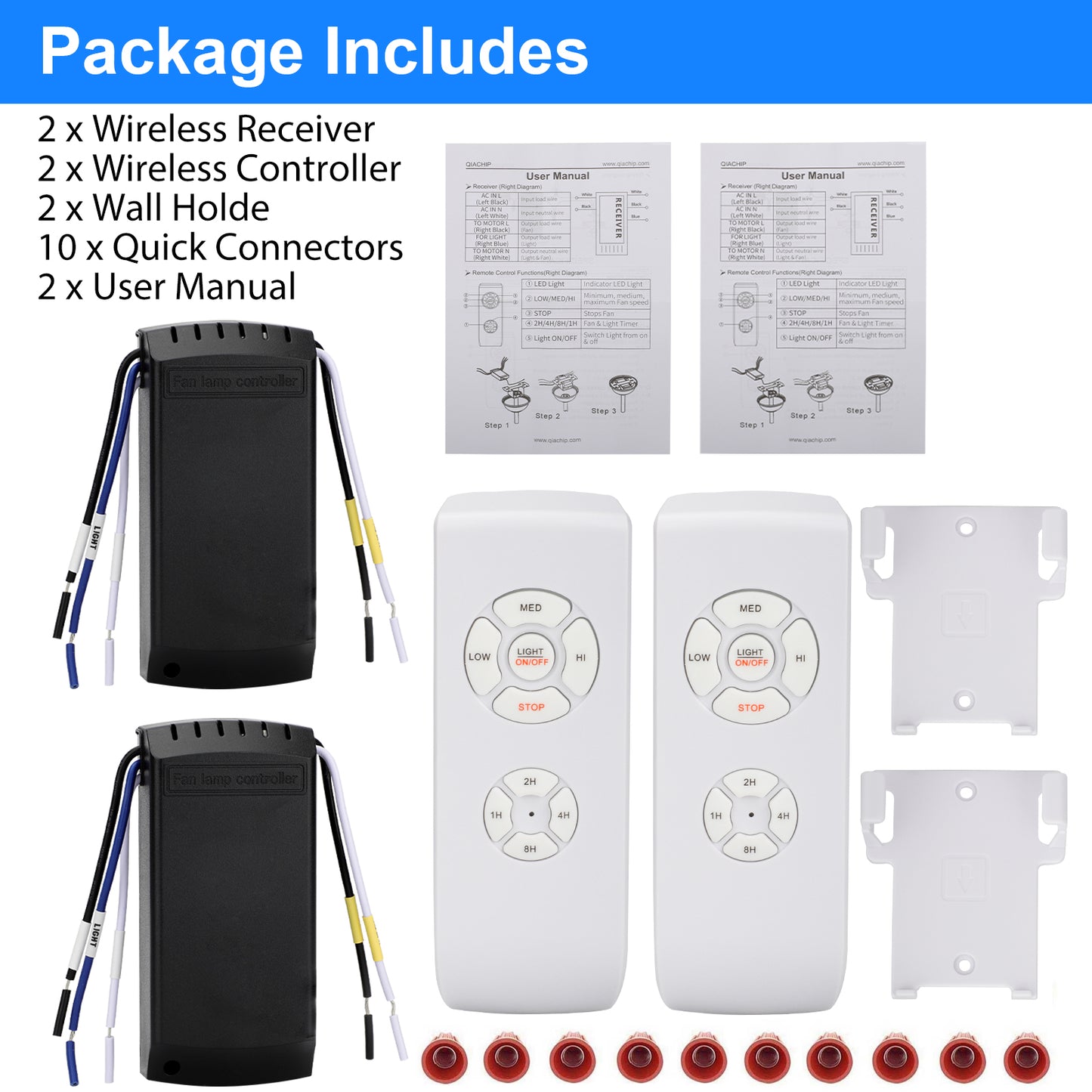 2-Pack Universal Ceiling Fan Remote Control Kit - 3 peed options, 4 timing settings, Beep Control