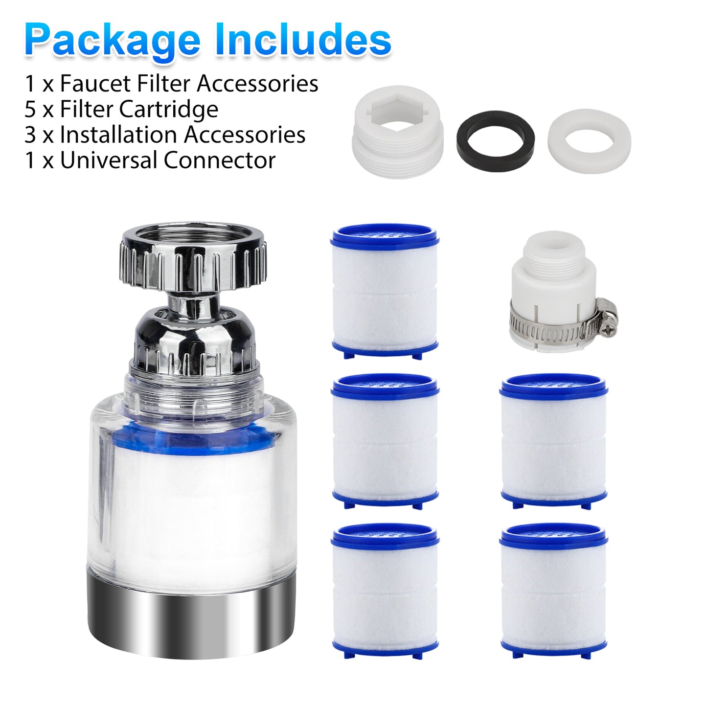 1 Faucet Water Filter and 5 Filter Cartridges - 360° rotatable anti-splash head,Water Filter Set for Hard Water Bath Filtration Purifier,for Kitchen Bathroom Washbasin Sink