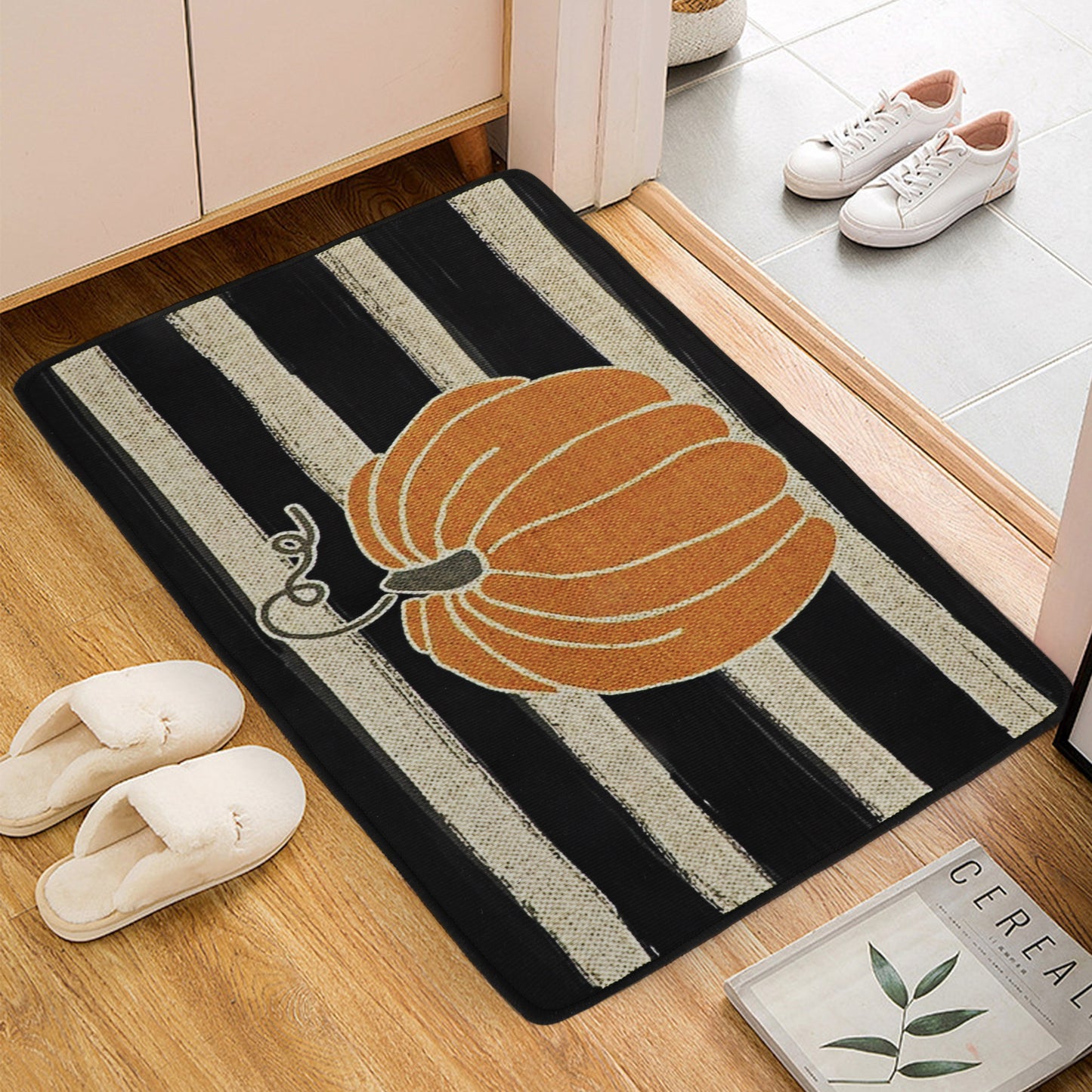 23.5''x15.5'' Non-slip Pumpkin Floor Mat - Mode Fall Thanksgiving Stripe Decorative Doormat Bath Rug Polyester Soft Absorbent Mat Carpet for Indoor Outdoor