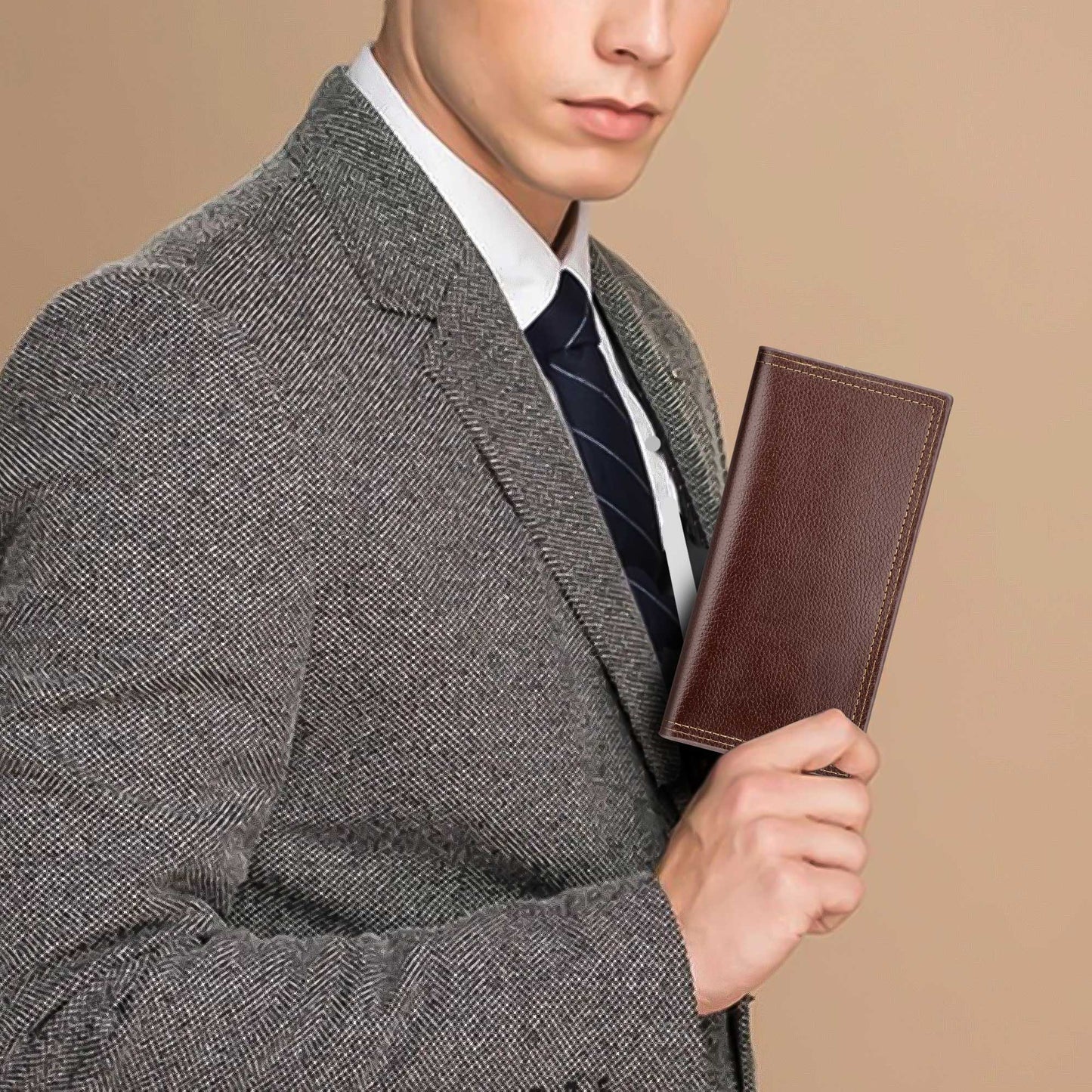 Men's PU leather wallet Money Clip - Fashion Long Wallet Solid Color Men Open Purse Multiple Card Slots Pockets ID Card Clutch Bifold Purse (Brown)