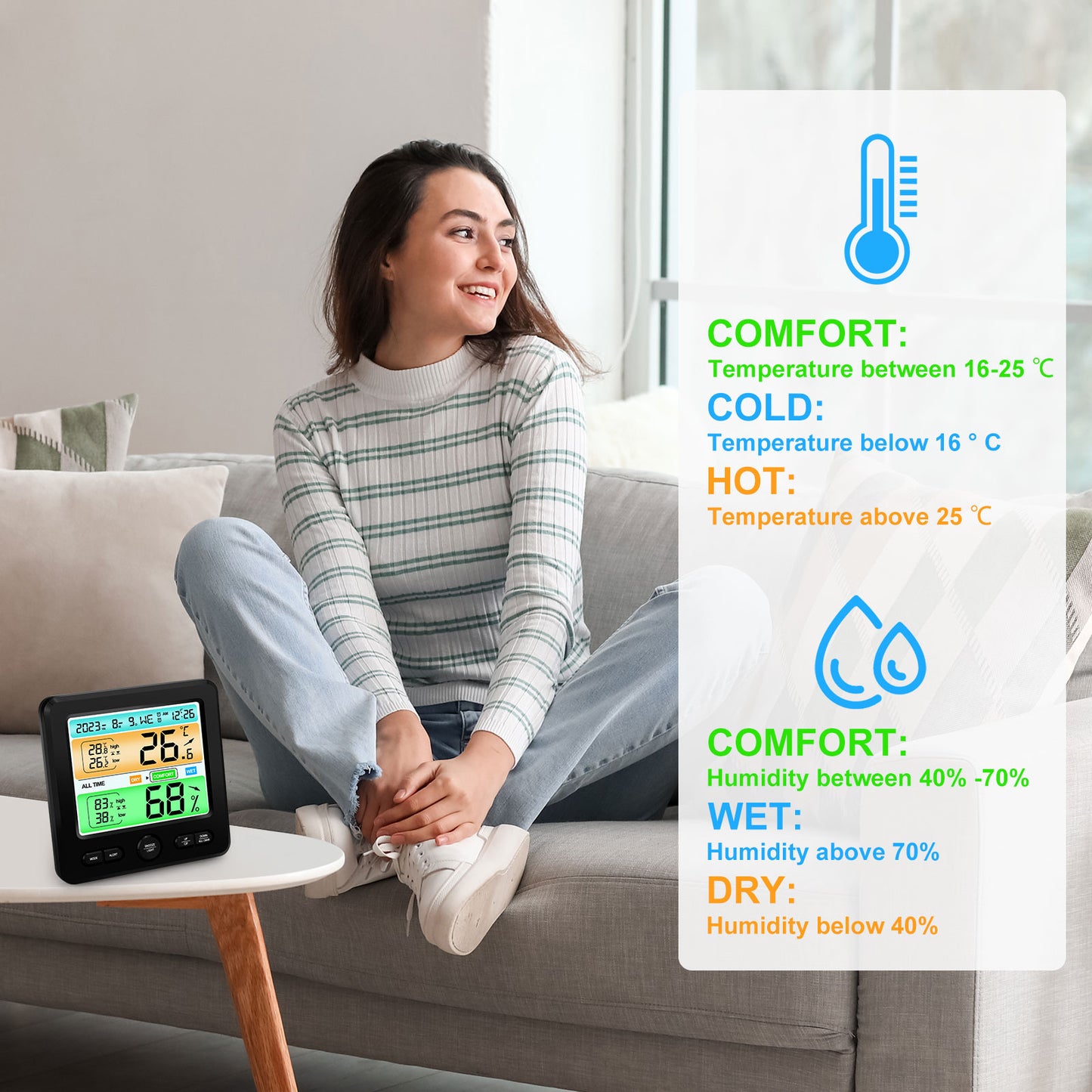 Indoor Temperature Humidity Clock - Color Display, Dual Alarms, Stylish Design for Home, Office (Black)