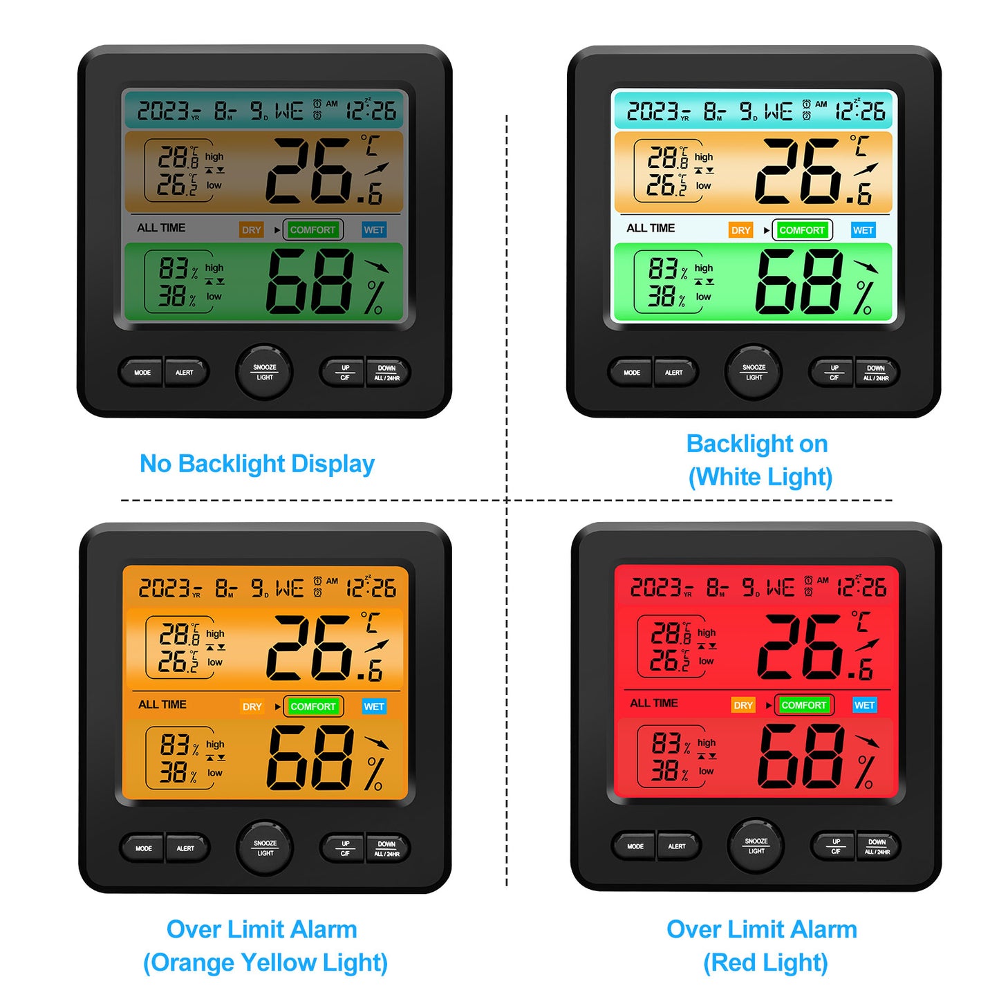 Indoor Temperature Humidity Clock - Color Display, Dual Alarms, Stylish Design for Home, Office (Black)