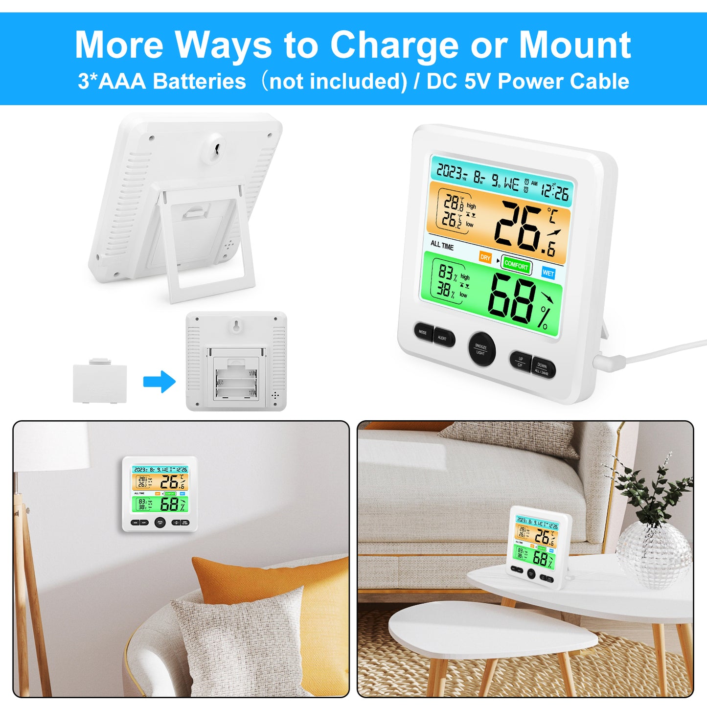 Indoor Temperature Humidity Clock - Color Display, Dual Alarms, Stylish Design for Home, Office (Black)