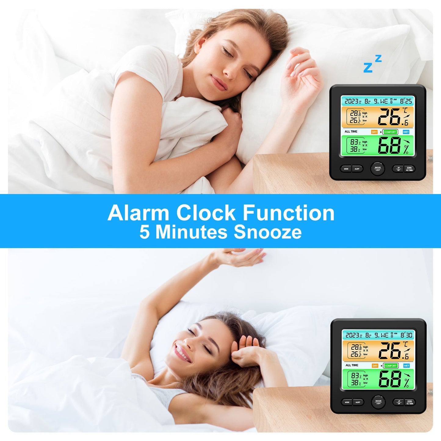 Indoor Temperature Humidity Clock - Color Display, Dual Alarms, Stylish Design for Home, Office (Black)