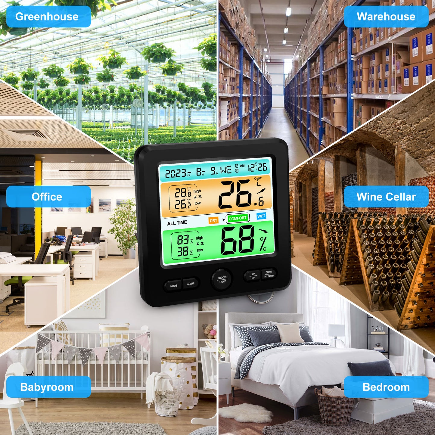 Indoor Temperature Humidity Clock - Color Display, Dual Alarms, Stylish Design for Home, Office (Black)