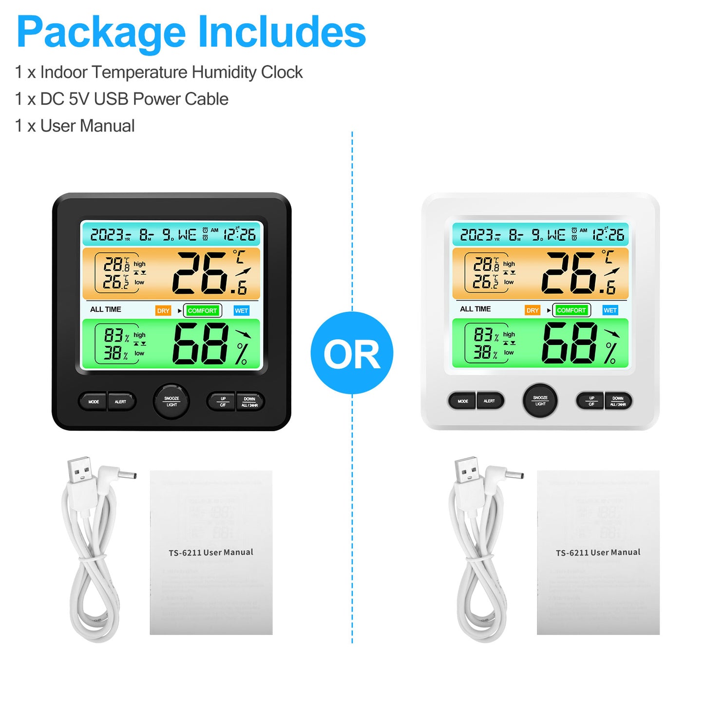 Indoor Temperature Humidity Clock - Color Display, Dual Alarms, Stylish Design for Home, Office (Black)