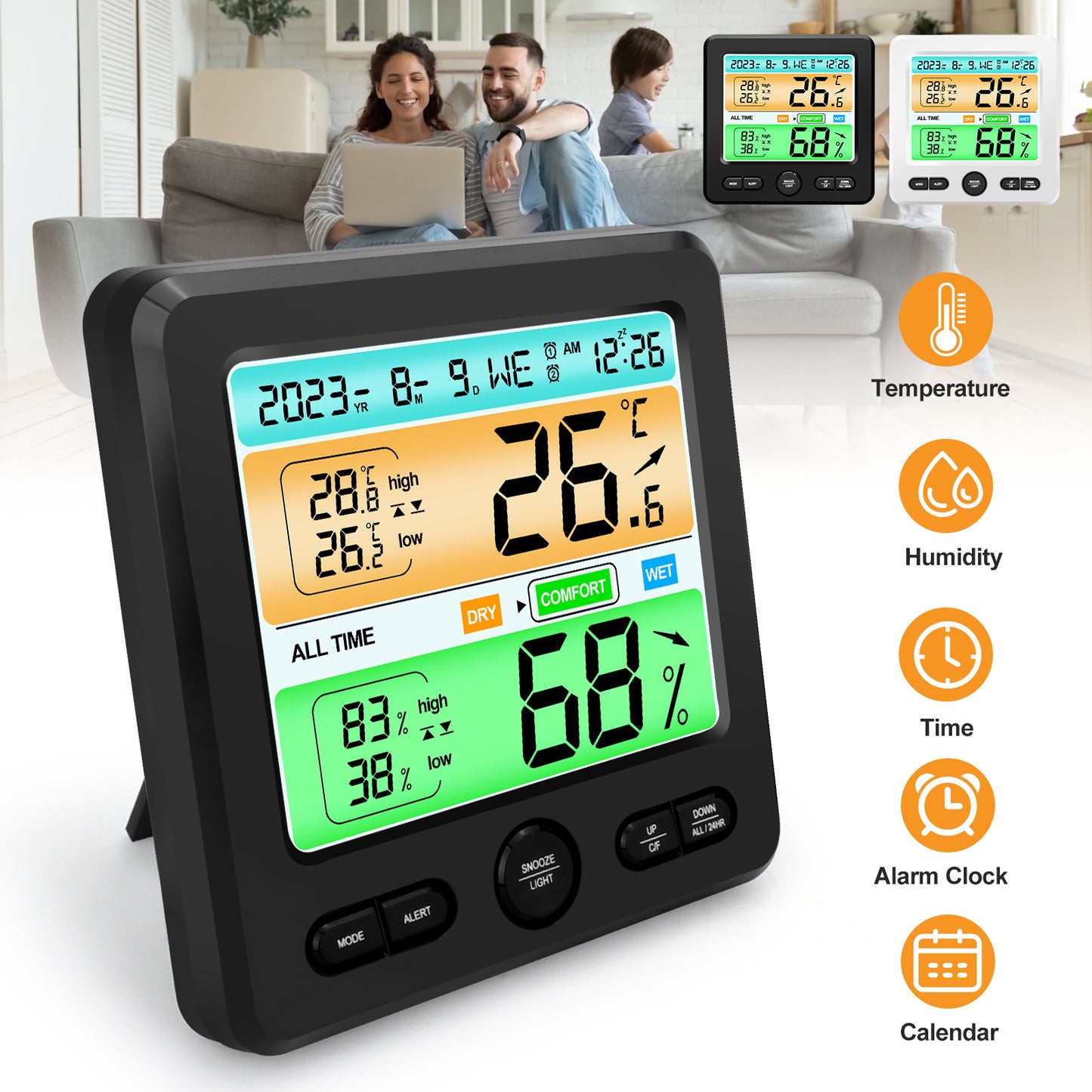 Indoor Temperature Humidity Clock - Color Display, Dual Alarms, Stylish Design for Home, Office (Black)