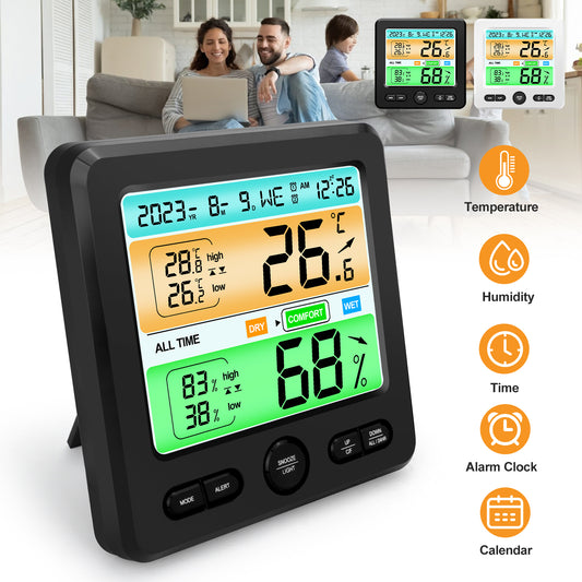 Indoor Temperature Humidity Clock - Color Display, Dual Alarms, Stylish Design for Home, Office （Black）