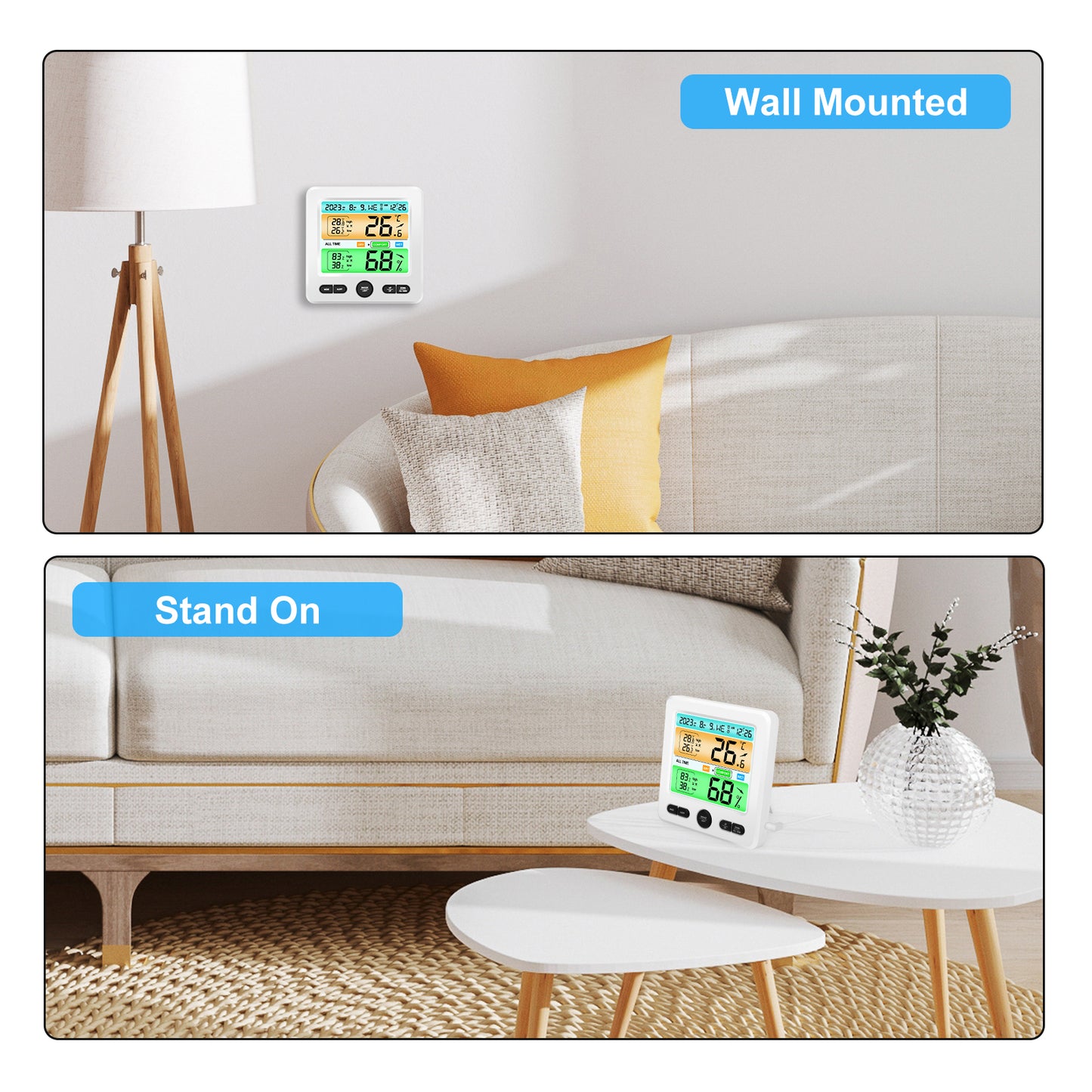 LCD Display Wall-mounted Desktop Indoor Humidity Temperature Meter - All in One Alarm Clock Thermometer Hygrometer Digital Thermometer Hygrometer (White)